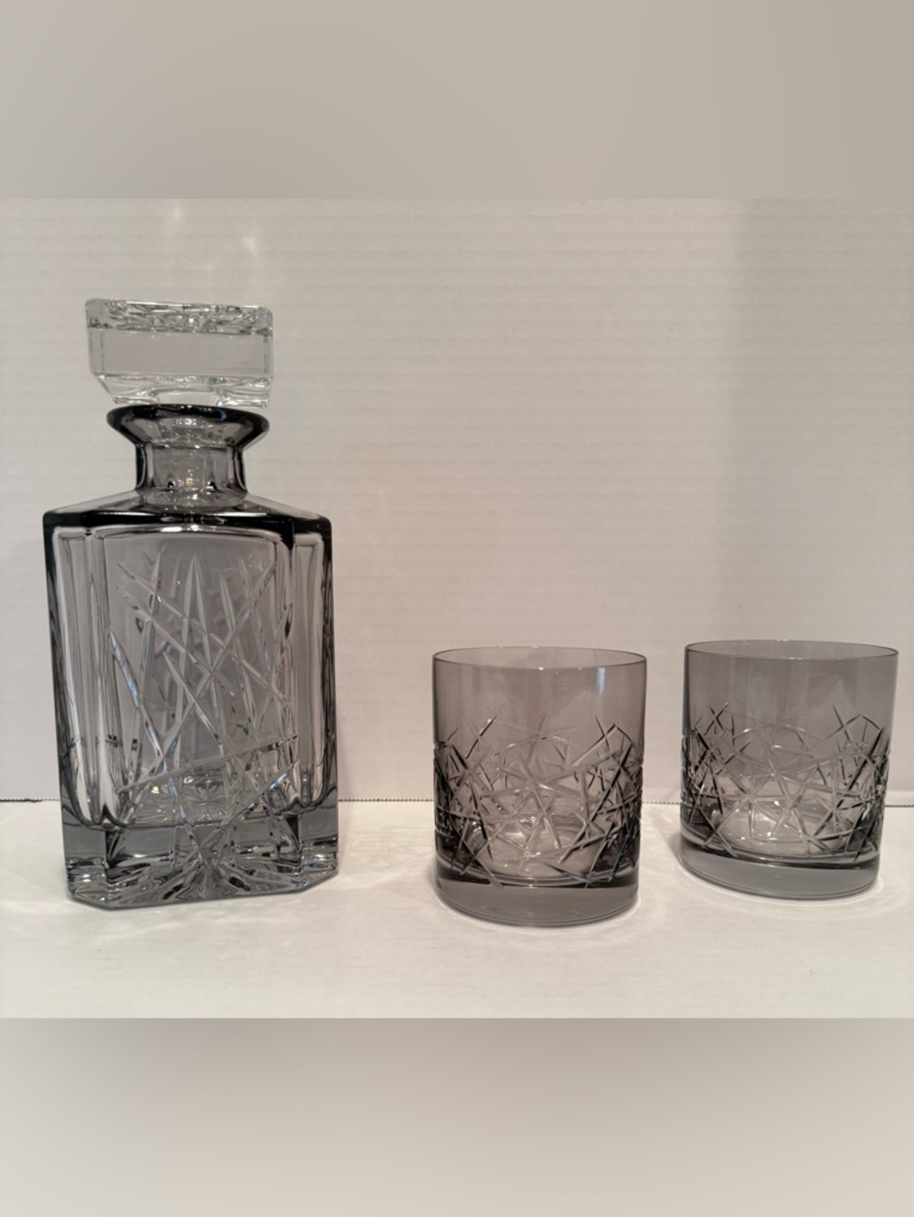 Top Shelf Crystal Smoked Gray Graffiti Whiskey Decanter and Tumbler Set